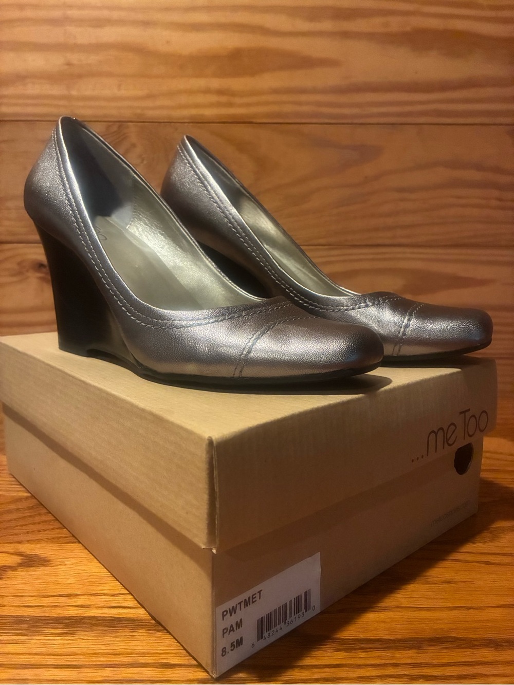 me too Metallic Pewter Wedge Heels